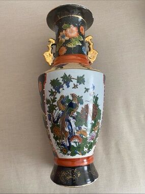 Vintage Chinese Satsuma Style Porcelain Vase 11” Bird Flower Moriage Decor